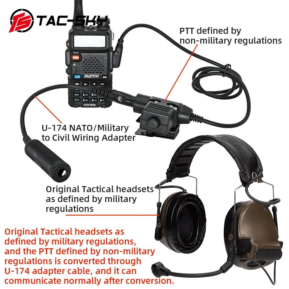 TS TAC-SKY Tactische Headset PTT Adapter Kabel Militaire Standaard 7.0mm Plug Voor U-174 NAVO/Militair Naar Civiele draad Plug