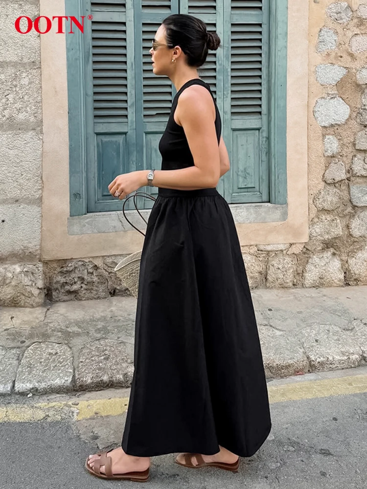 OOTN Elegant Black Long Dress Female Summer O-Neck Solid Sleeveless A-Line Dresses Fashion Office Loose Pleated Dress Women 2024