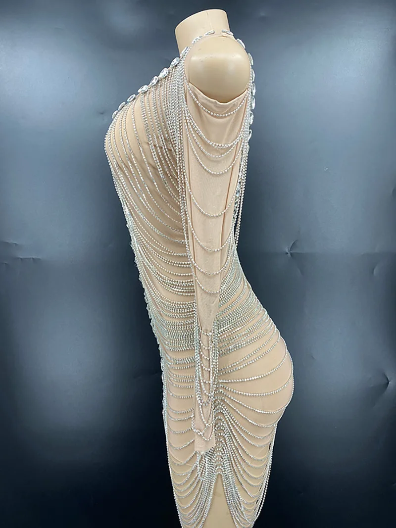 2023 Customized Tassels  Mesh lace Transparent High Elastic Short Sleeve Pearl Sexy Tight Party Dress  Stage Performance Dress