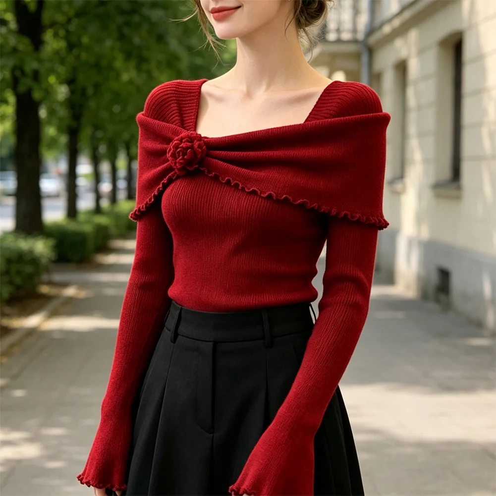 Women's Solid Color Flower Long Sleeved Knitted Slimming Tops V-shaped Hem And Wide Neckline Design Sweater