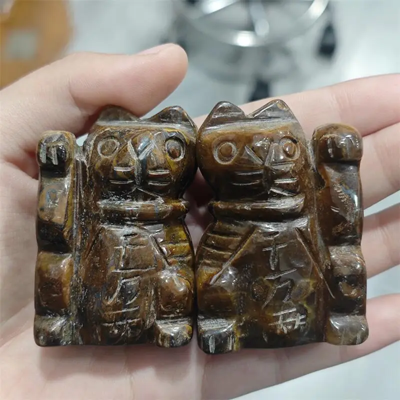 Natural Yellow Tiger Eye Stone Maneki-neko Cat Carving Polishing Magic Reiki Home Room Decoration Holiday Gift 2PCS