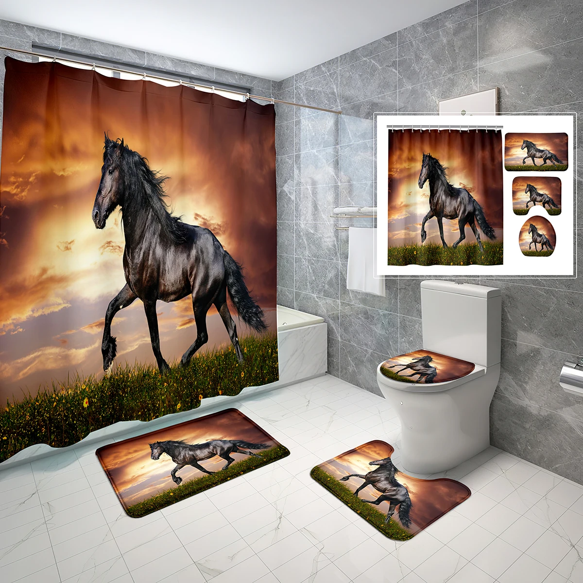 4Pcs Horse Shower Curtain Set Sunset Prairie Steed Shower Curtains Bathroom Non-Slip Bath Mat Toilet Cover Shower Curtain Set