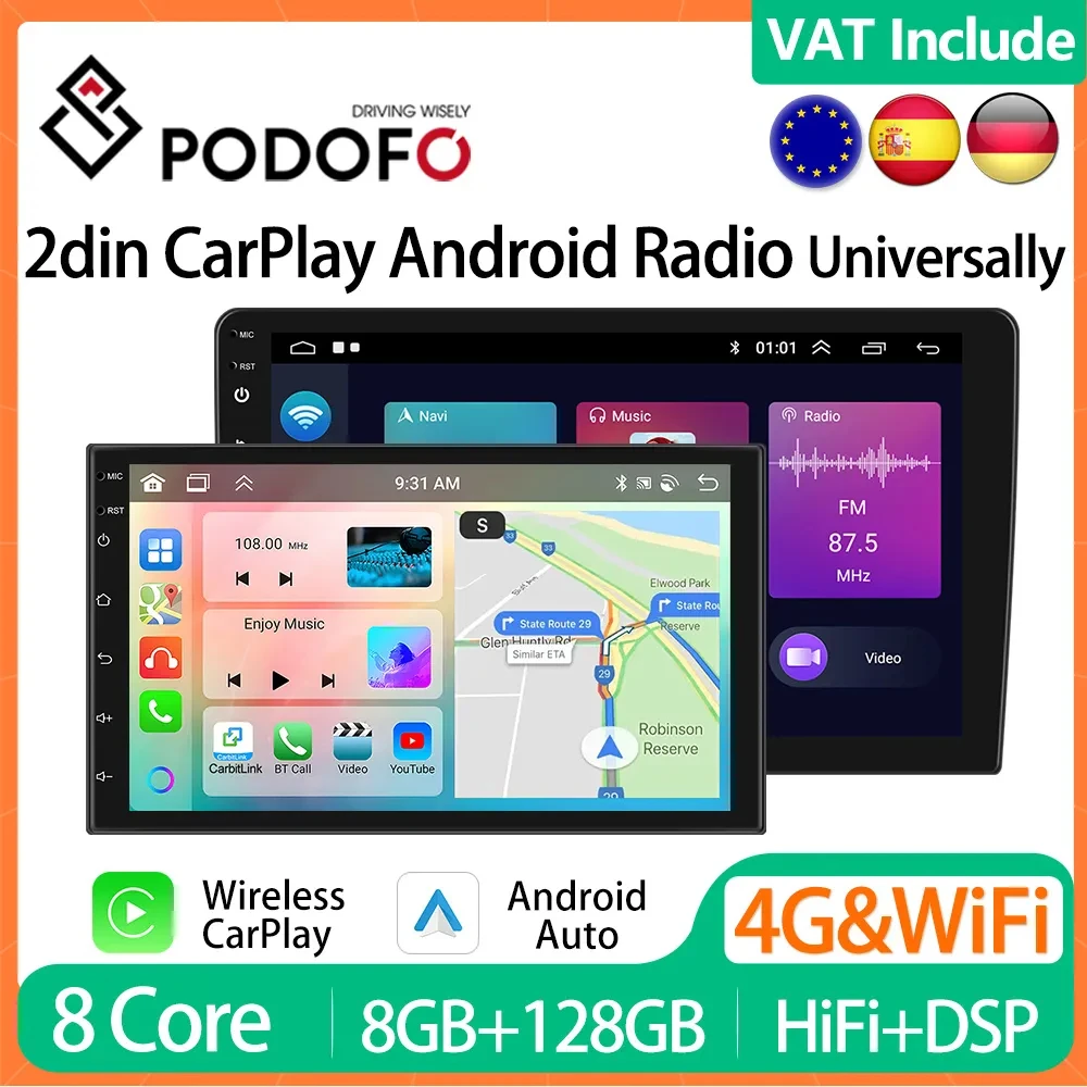 Podofo 2din 4G CarPlay 7in 9in 10in Universally Android Car Radio 2 Din GPS Stereo Autoradio Multimedia Player AI Voice For VW