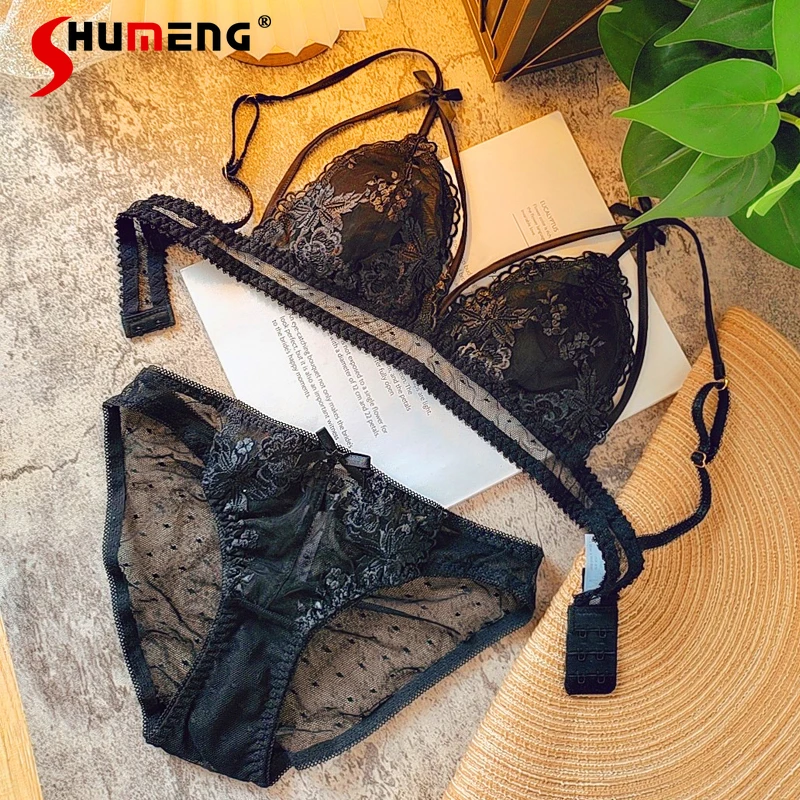 

French Style Lace Triangle Cup Bra Set Girls Pure Desire Wireless Sexy Mesh Intimates Women's Small Chest Underwear Brief Suits