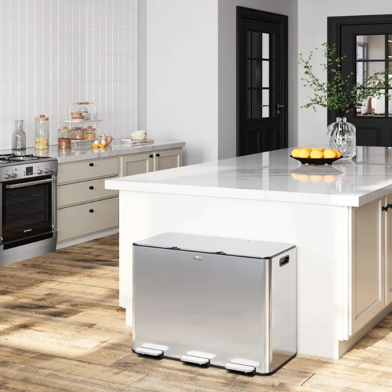 60L 90L Three Compartment Trash Can with Soft-Close Lid, Rectangle Step Trash Can, Fingerprint-Resistant Stainless Steel Garbage
