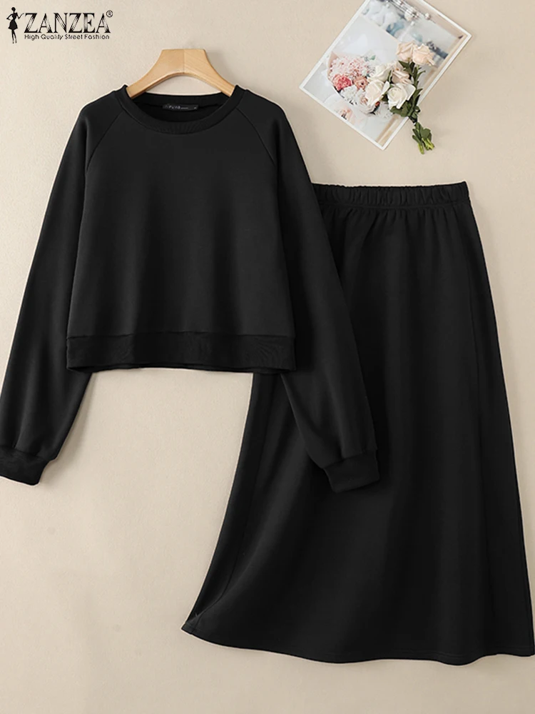 ZANZEA otoño mujer moda 2 piezas traje 2025 Top de manga larga Casual cintura alta falda larga conjuntos vestido sólido trajes chándales