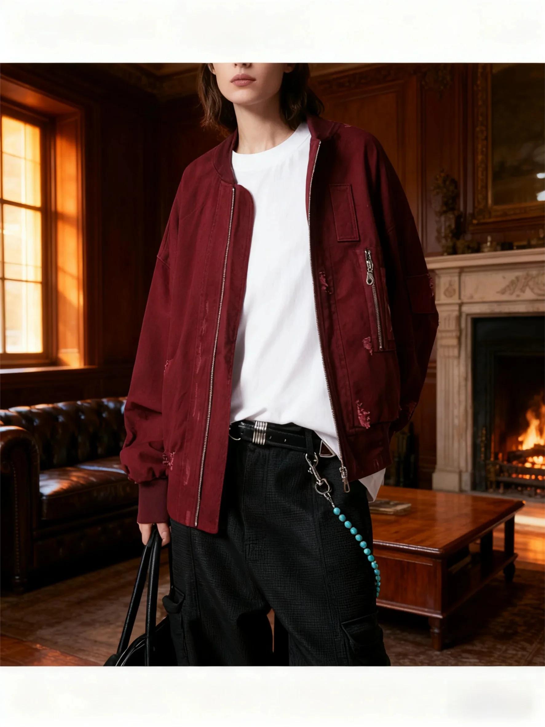 

Мужская потертая куртка-бомбер MA-1 бордового цвета — авиационное пальто в винтажном стиле для бейсбола