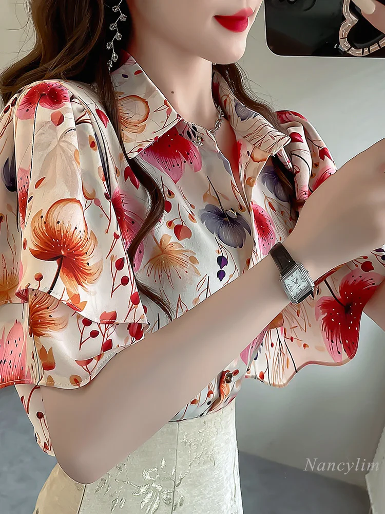 

New Print Ruffle Top Women's Light Luxury High-Grade National Style Shirt Summer Loose Design Temperament Short Sleeve Blouse