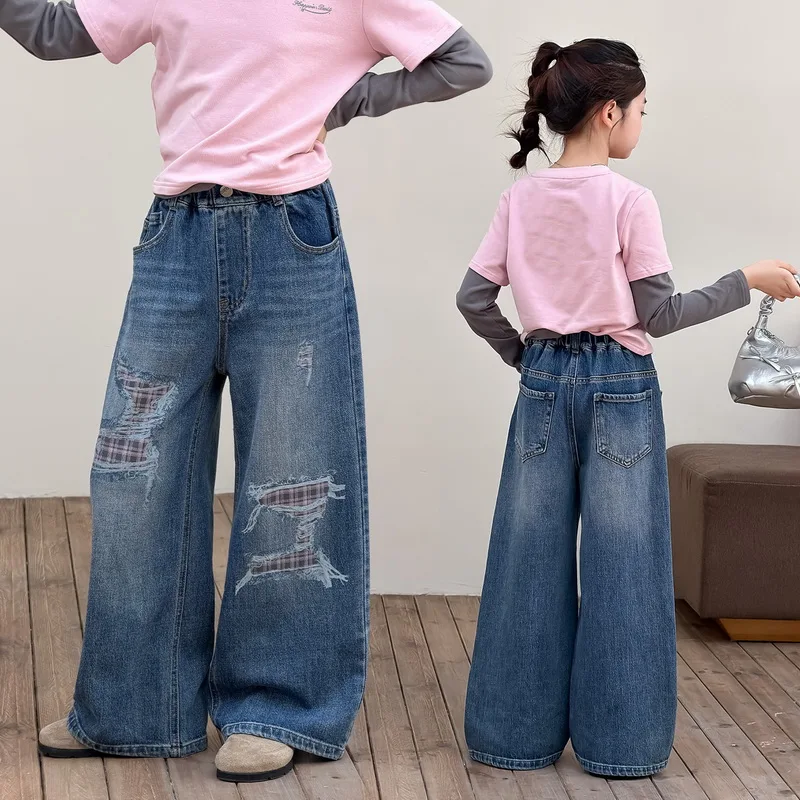 New Kids Designer Destroy Ripped Jeans with Plaid for Teen Girl Broken Hole Denim Pants Child Fashion Street Jeans Trousers