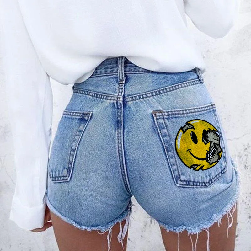 Women's Denim Shorts 2024 Summer New Trendy Smiley Face Print Fringe Wash Watermark Flower Pattern Casual Plus-Size Shorts