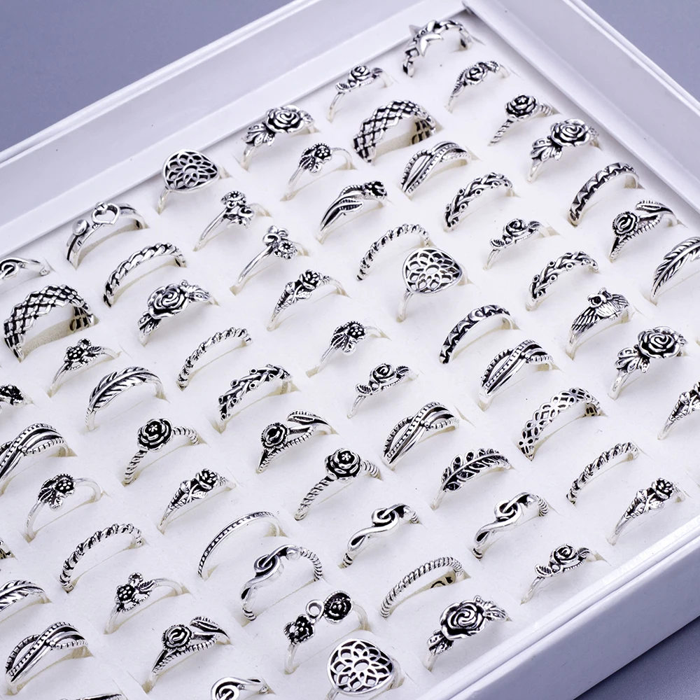 

100 Pcs/Lot Vintage Bohemia Carved Flower Geometric Rings for Women Mix Style Antique Silvery Ethnic Jewelry Party Gift Wholesal