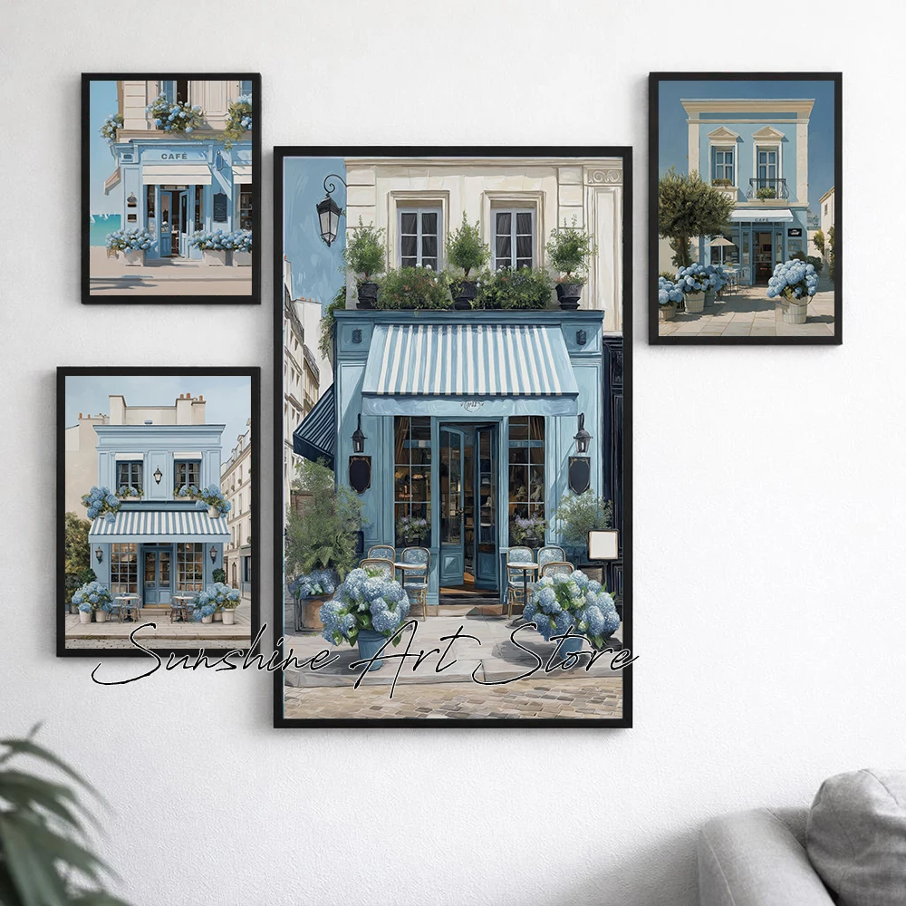 Paris Cafe Vintage Art Pastel Blue Hydrangea Kitchen Aesthetic Poster Canvas Painting Kitchen Cafe Wall Pictures Blue Wall Decor