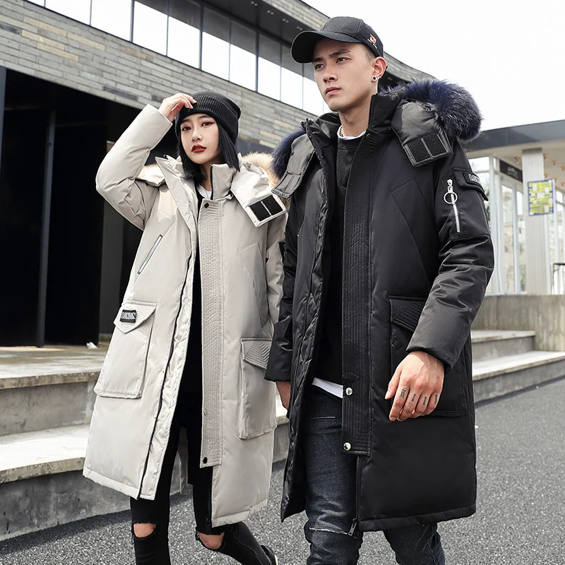 Koreanischen Stil Winter Lange Parka Mantel Männer Frau Unten Jacke Kleidung Mit Kapuze Pelz Kragen Verdicken Warme Freizeit Liebhaber Mantel Unisex