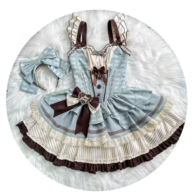 Sweet Lolita Kawaii JSK Dress Women Bowknot Lace Trim Puff Sleeve High Waist Tiered Skirt MintChoco 2026 Tea Party Harajuku Cute