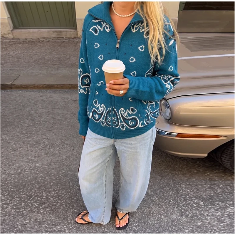 Boho Women's Knit Jacquard Cardigans Stand Collar Zipper Full Sleeve Female Sweater 2026 Autumn Lady Fashion Cozy Knitwear New 26 Sd57dbbfc0e2542b497b7dd1a14aa42c9y