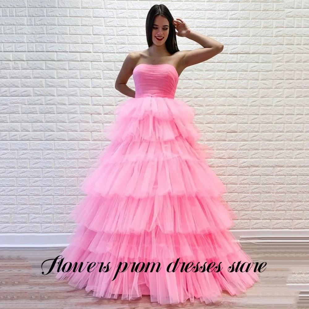 الزهور الوردي فساتين السهرة حمالة الطبقات كعكة اللباس الكرة ثوب الحلو ألف خط فستان المشاهير تول مساء اللباس مخصص #1
