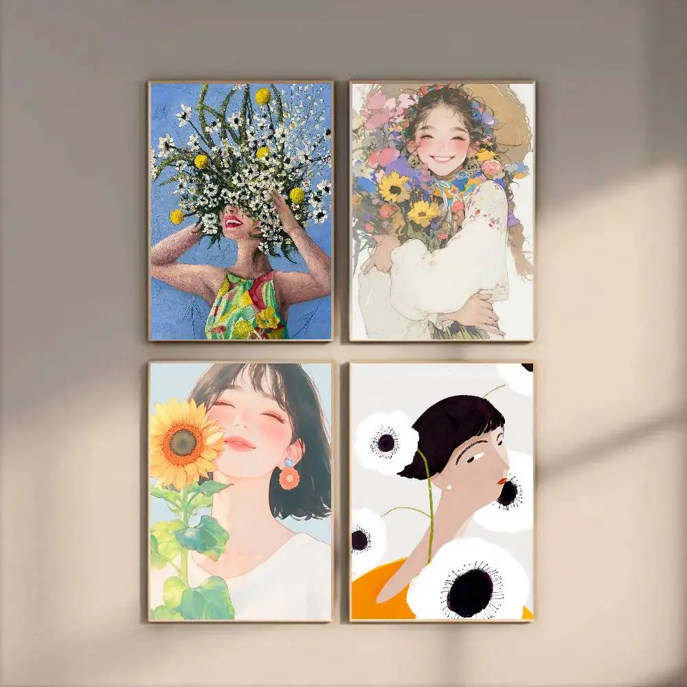 Flower Plants Nordic Be A Kind Human Girl Poster Art Sticky Wall Waterproof Home Living Room Bedroom Bar Aesthetic Decoration