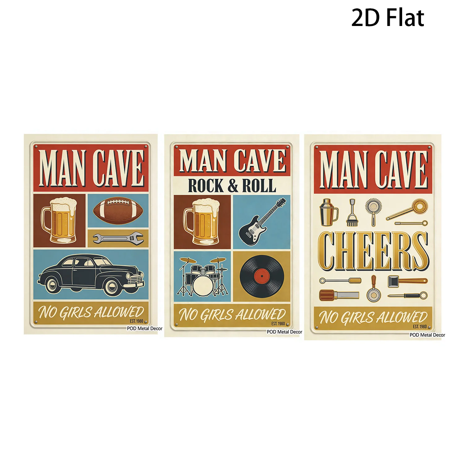 3pcs Set Vintage for Man Cave No Girls Allowed Metal Tin Sign, Classic Art Wall Decor for Man Cave Bar Home