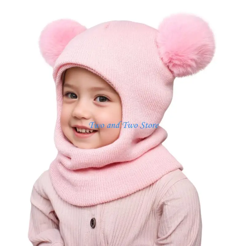 

HX6F Stretchy Unisex Kids Earflap Hat PomPoms Design Warm Soft Acrylic