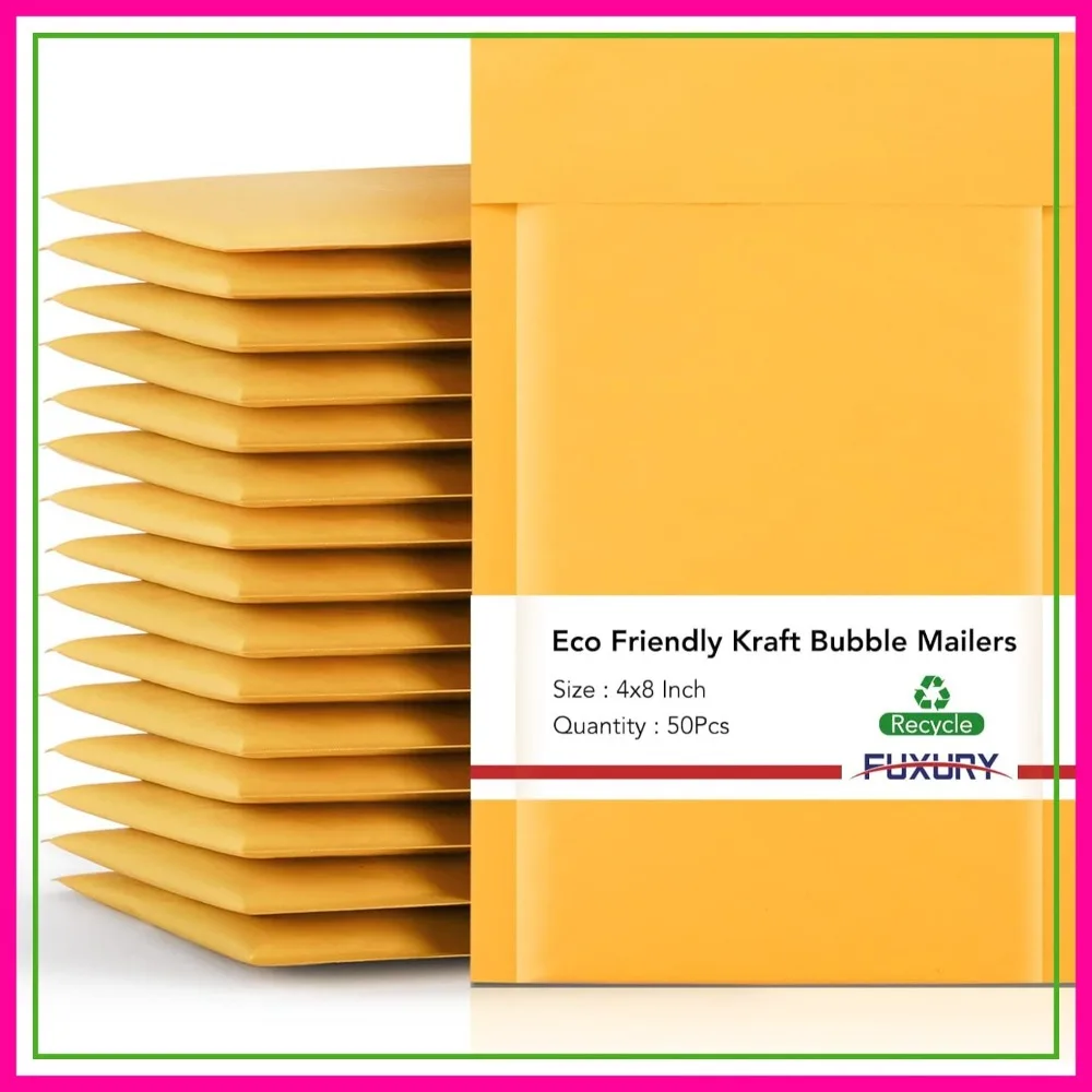 

50 Pack Kraft Bubble Mailer 4x8" Padded Envelopes Usable Size 4x7" Strong Adhesion Thick Cushioned Waterproof for Small Business