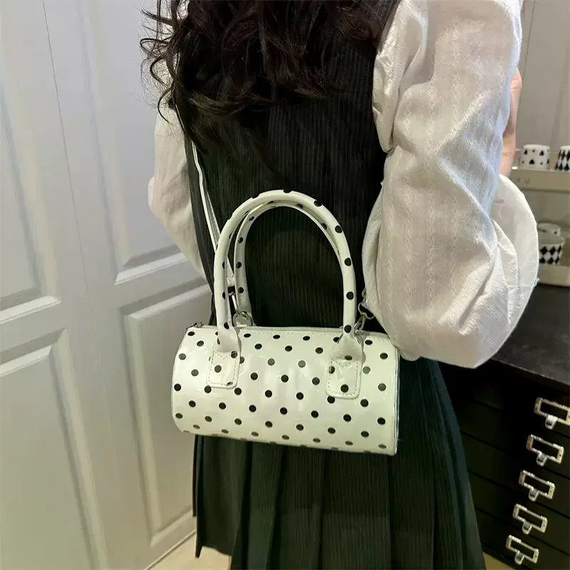 Barrel Shaped Mini Crossbody Bag Polka Dot Design with Top Handle for Women Everyday City and Campus Life