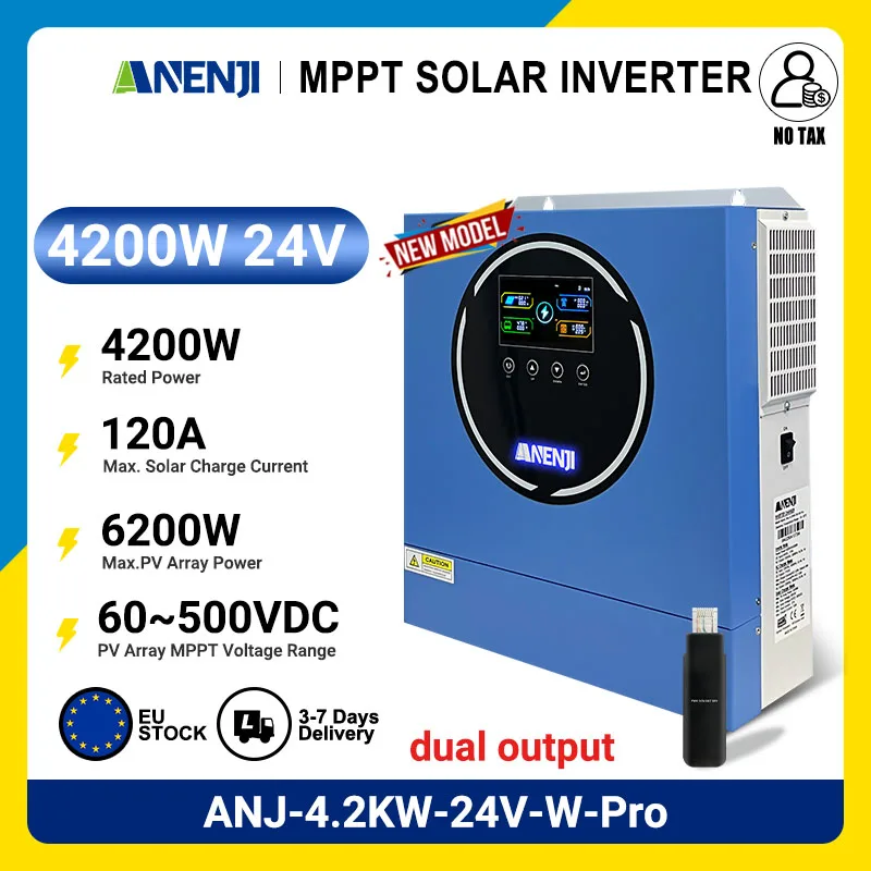 ANENJI 4200W 24V Hybrid-Solarwechselrichter MPPT Reiner Sinus-Wechselrichter 230VAC Maximale PV-Leistung 6200W Dual-Output-Solarwechselrichter mit RGB-Beleuchtung auf Lager