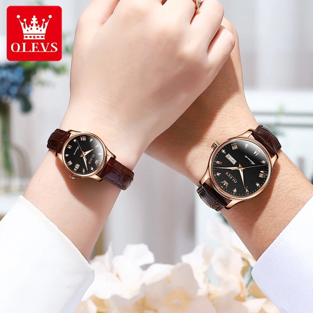 OLEVS 9932 Top Brand Luxury Automatic Mechanical Watch Date Waterproof Leather Male Female Couple Watch Lover Gift His Her Watch