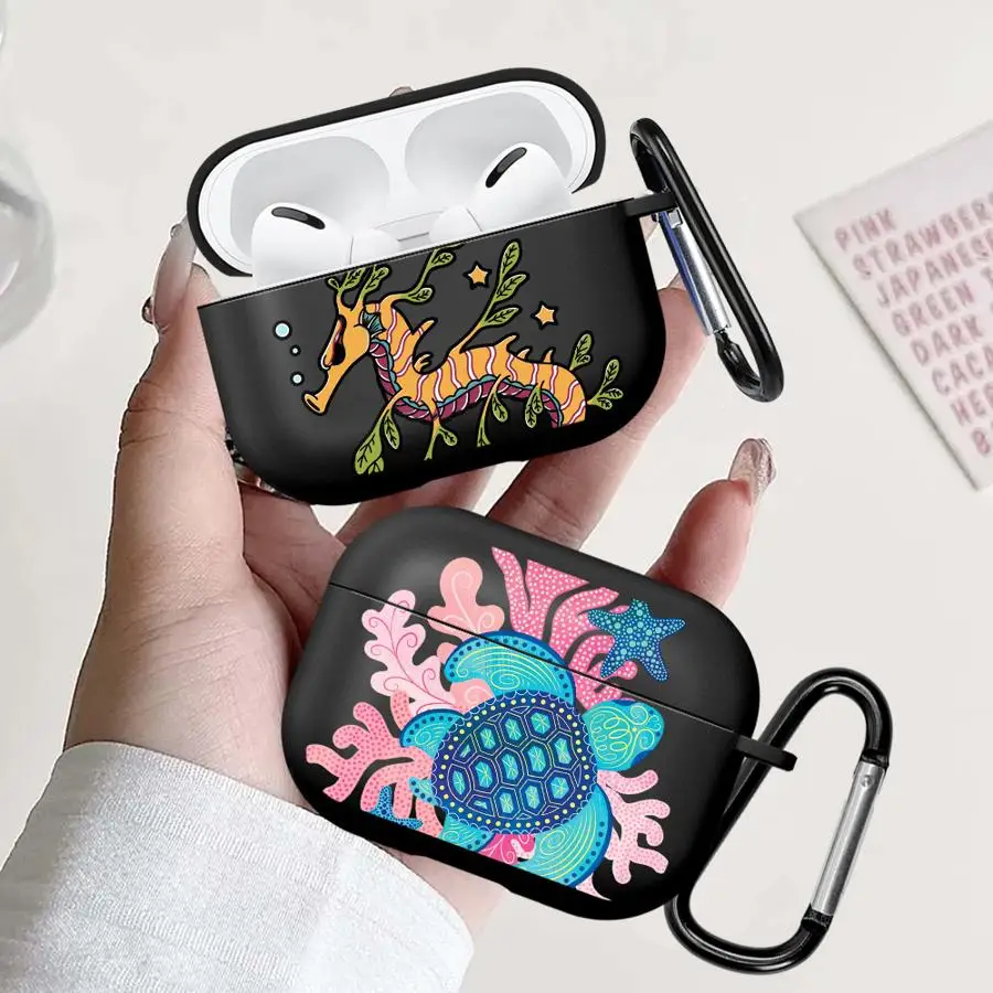 Case For Airpods 2 3 4 Pro Pro3 1 Pro2 Earphone Cases Cover With Hook Leafy Seahorse Turtle