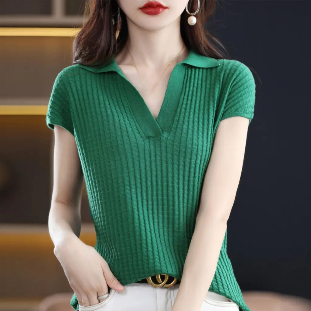 

Women's Worsted Wool POLO Collar Short-Sleeved T-shirt Loose Knitted Top Half-Sleeved Base Layer for Spring And Summer