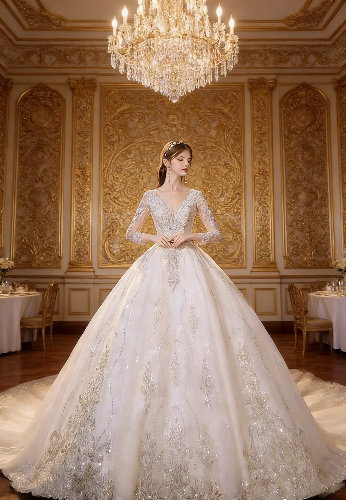 

Glamorous Sequins & Crystals Long Sleeve V Neck Ball Gown Wedding Dress Bridal Gown for Formal Wedding