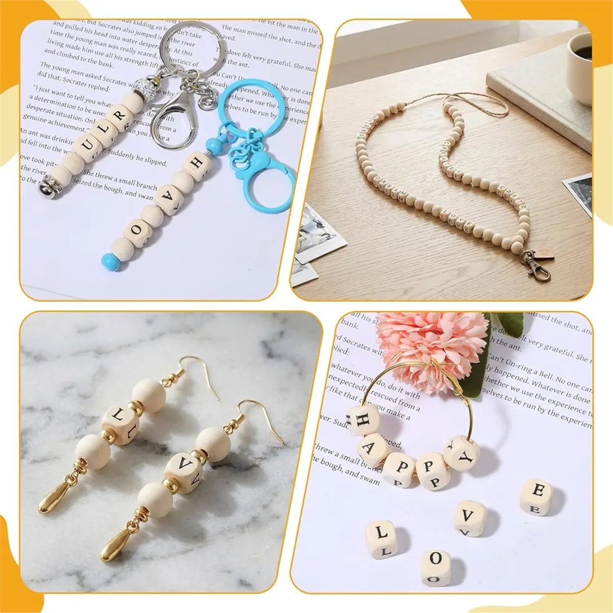 780 Pcs Cube Wood Beads with 800 Round Wooden Beads, 10mm A-Z Square Alphabet Wood Bead, for Jewelry Making and DIY