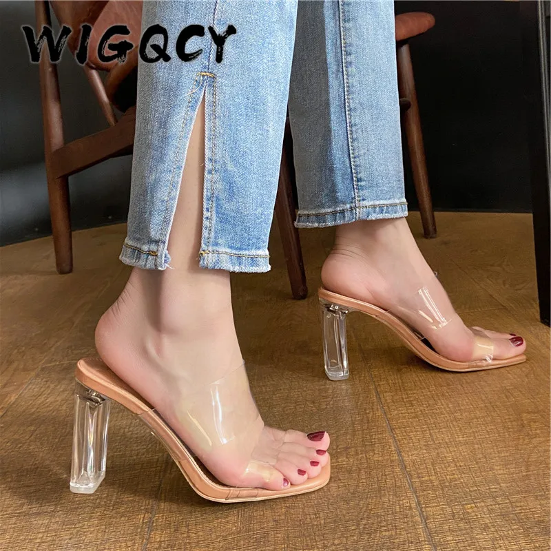 Summer High Heel Sandals Women Fashion Comfort Set Foot Transparent Heel Sandals Outdoor Square Head Open Toe Slip-On Slipper