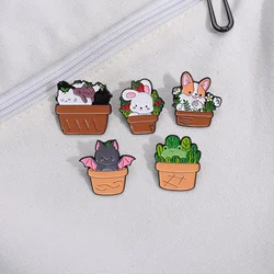 Potted Animals Enamel Pins Cute Bat Cat Rabbit Frog Dog Brooches Lapel Badges Animal Jewelry Gift for Kids Friends Wholesale