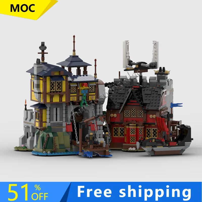 2284 pçs castelo porto e taverna pirata edifício modelo modular arquitetura bloco de construção diy educação montagem crianças brinquedos presentes
