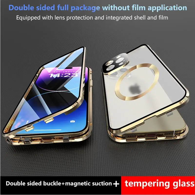 For iPhone 16 15 14 13 Pro Max Case Magnetic Magsafe Compatible 360° Full Screen Glass Closed Aluminium Alloy Protection Cover