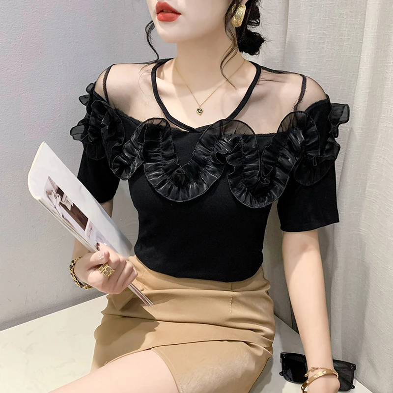 2023 New Summer Ruffles Clothes T-Shirt Women Chic Sexy O-Neck Patchwork Three-dimensional Flower Tops Short Sleeve Tees 34303