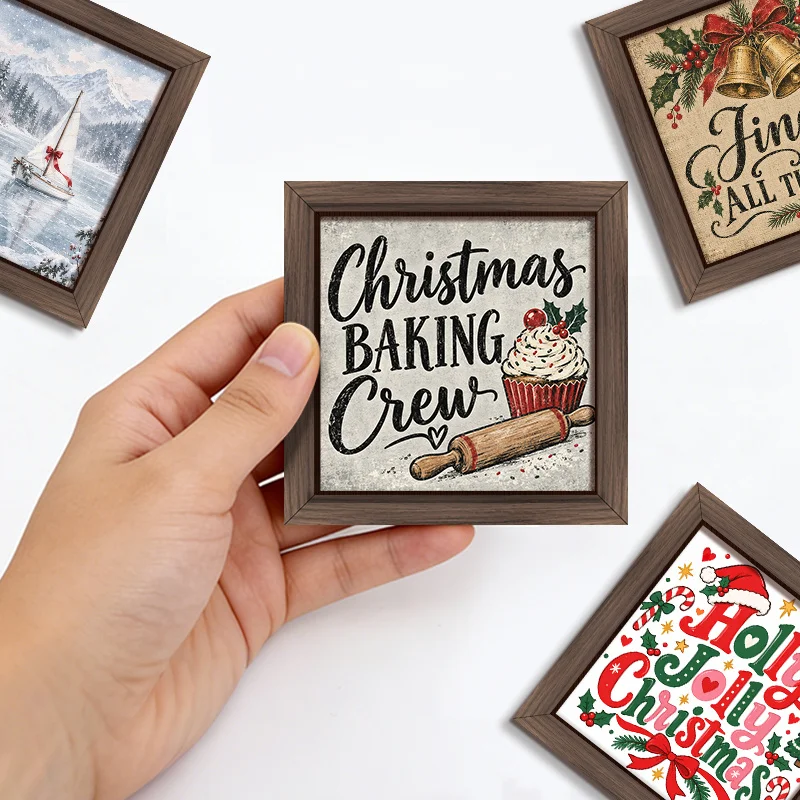 4Pcs Rustic Christmas Wooden Fridge Magnets, Holiday Decorative Refrigerator Magnet, Christmas Baking, Jingle Bells, Holly