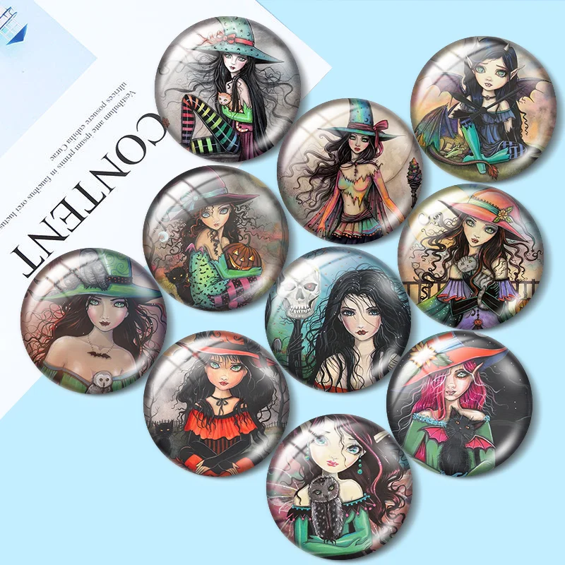 

Halloween Witch Cat Art 12mm/18mm/20mm/25mm Round photo glass cabochon demo flat back Making findings