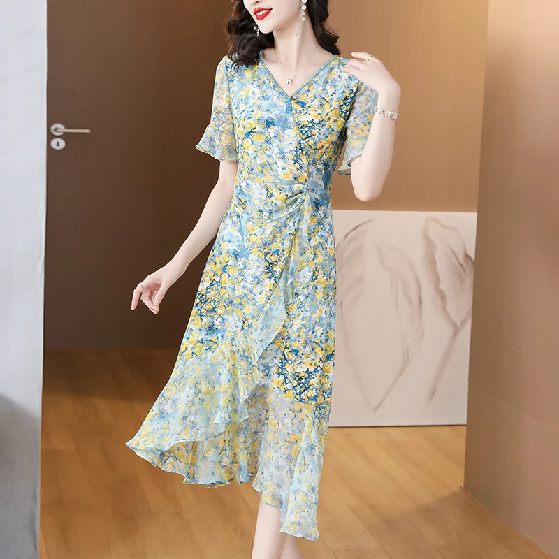

Women's 2024 New Green Fragmented Flower Silk Dress Large Loose Waist Flower Long Dress Leisure Party Beach Dress Vestidos