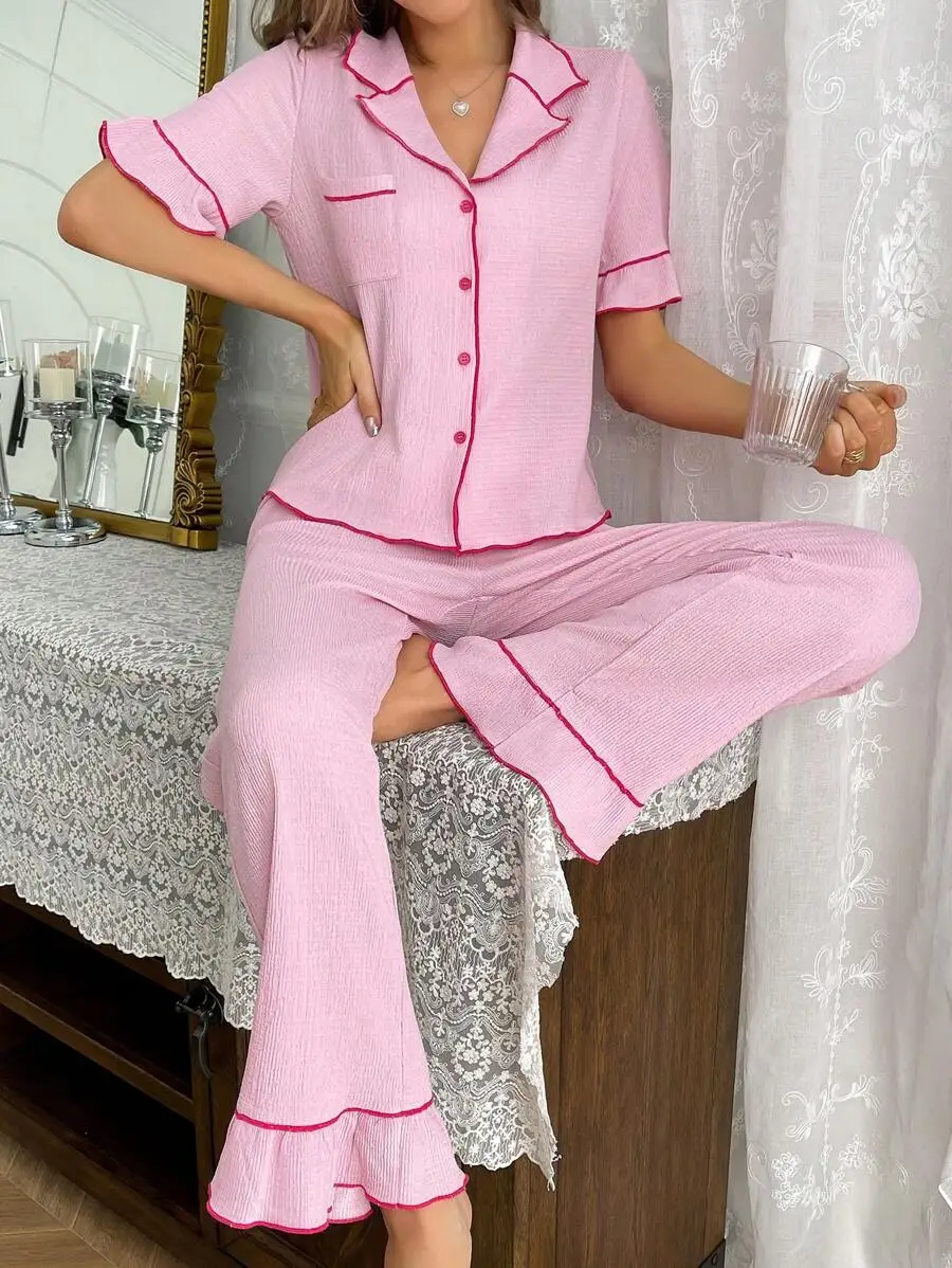 Womens Pink Contrast Trim Short Sleeve Pajama Set With Ruffle Hem