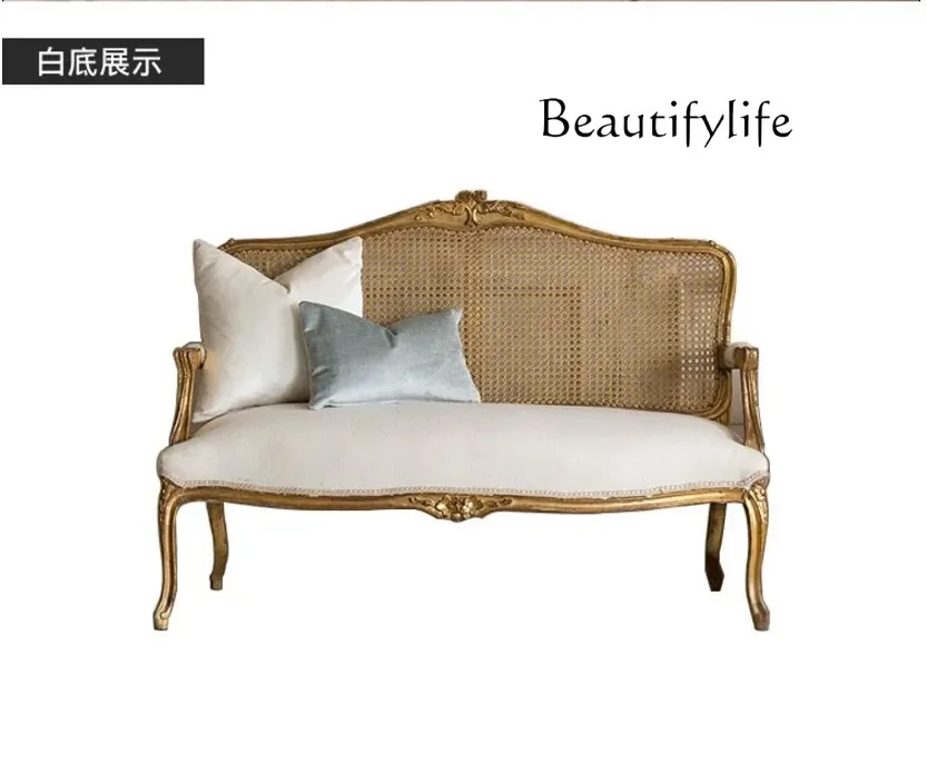 American gold old sofa solid wood carving flower vine back chair photography log double seat retro fabric sofa