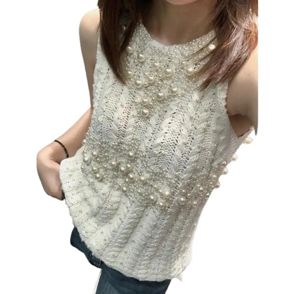 Sleeveless Knit Vest Solid Color Royal Sister Spice Pearl Sweater Pullover Straight Tube Top Fashion Sexy Vest Commuter Vest