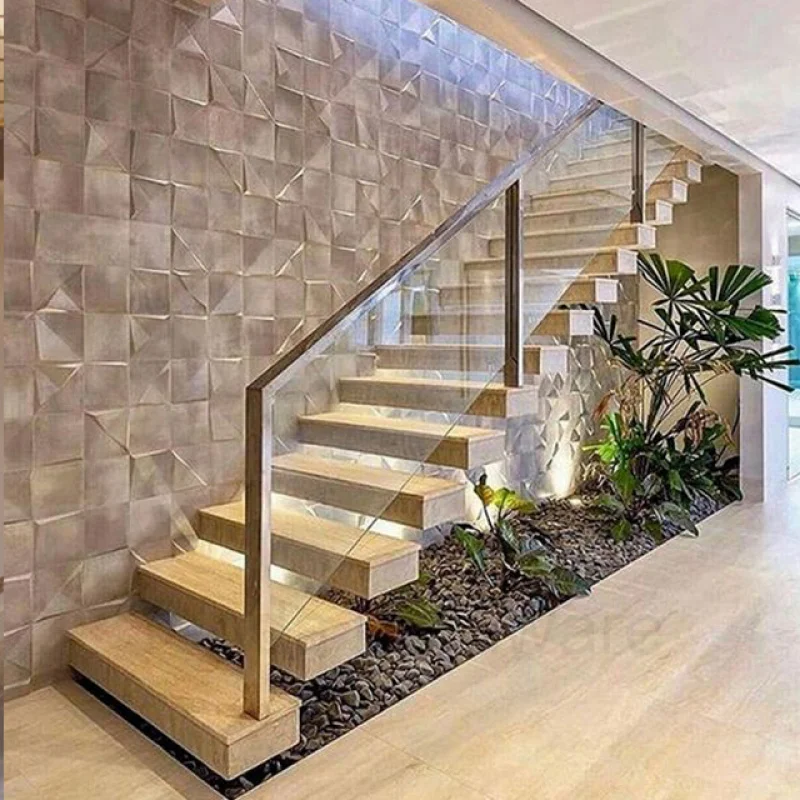 custom.New Style Design Straight Stairs Interior Staircase With Wood Tread and Glass Railing