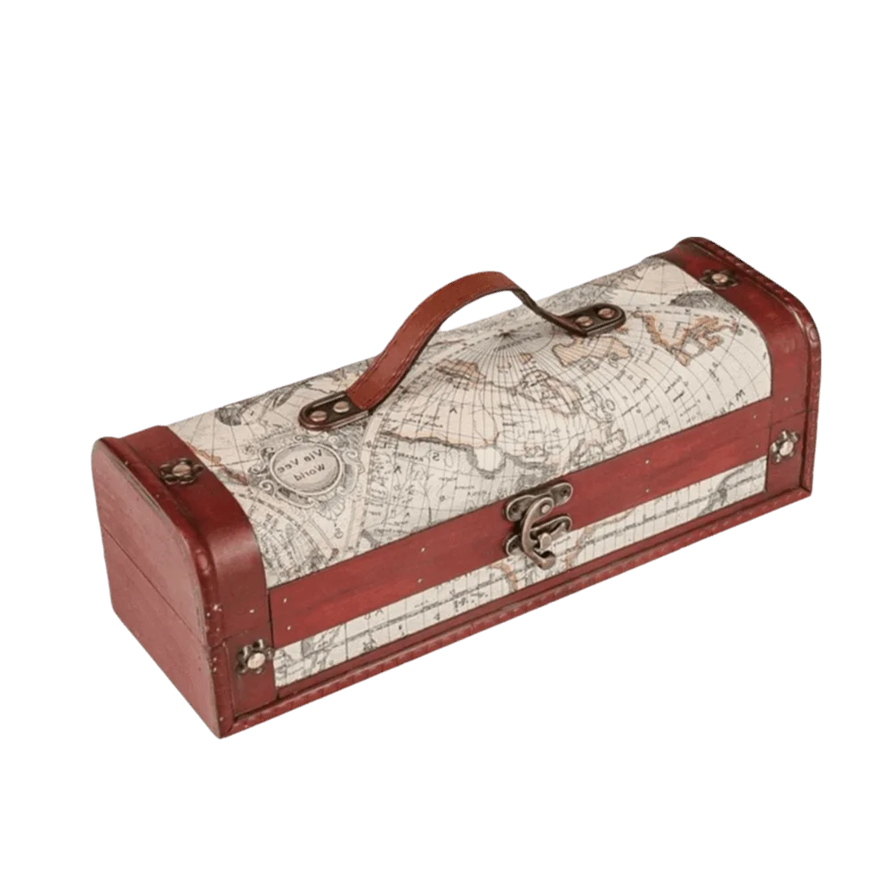 Wooden Wine Bottle Box Antique Finish Red Wine Compatible Bottle Storage Case Carry Handle Antique Map Design