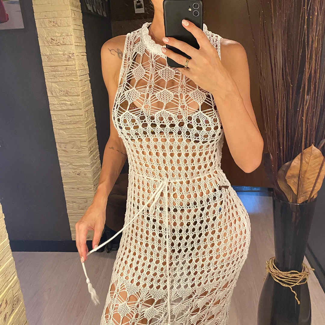 S - XL Neues, mit Fransen und Quasten versehenes, ausgestelltes, gehäkeltes, gestricktes Tunika-Strandkleid, Strandmode, Strandbekleidung, Strand-Cover-up, Damen V5605 – Detail 7