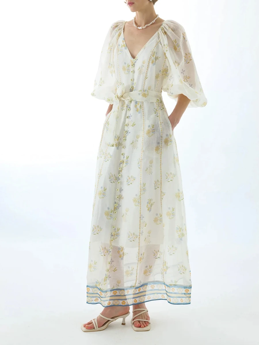 فساتين طويلة شبكية شفافة عتيقة من VGH للنساء بياقة على شكل V وأكمام ثلاثة أرباع وخصر عالي وفضفاض ومطبوع بأربطة فستان نسائي #3