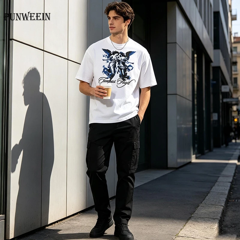 Renaissance Angel Print Tshirt Gothic Style Y2K Loose Short-Sleeved Streetwear Cotton Pullover Top Summer Cool Unisex Casual Tee