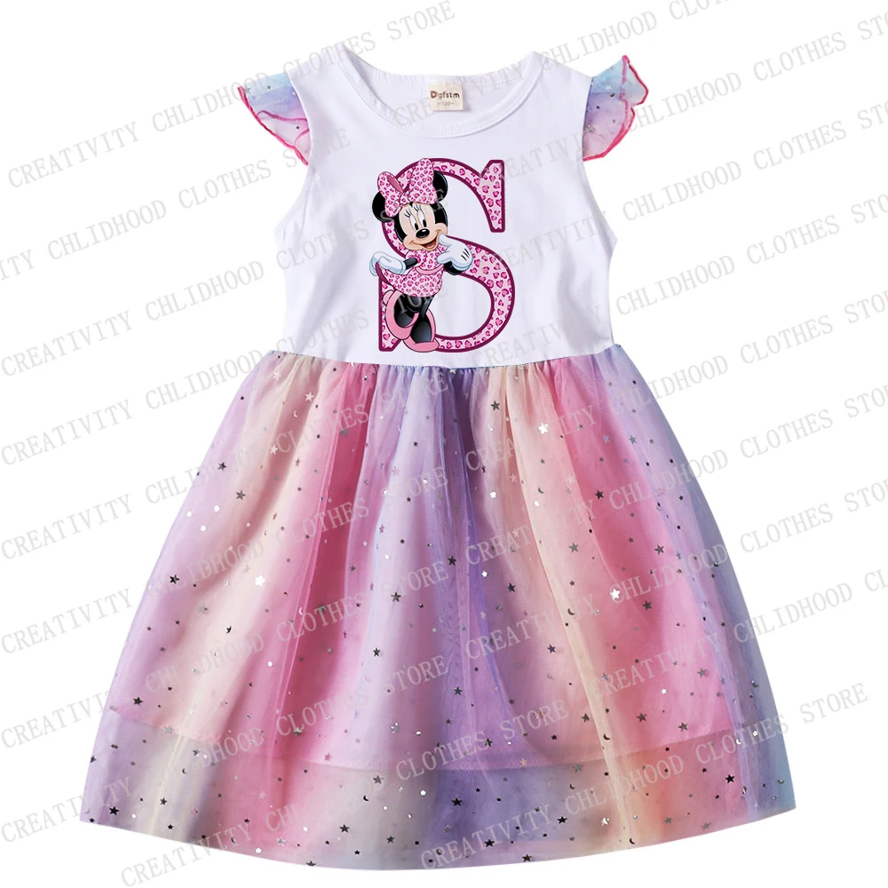 Disney-Minnie Mouse Meninas Vestido, Vestidos de desenhos animados infantis, Roupa de bebê, letra A, B, C, D Combinação Nome, Gaze, Casual