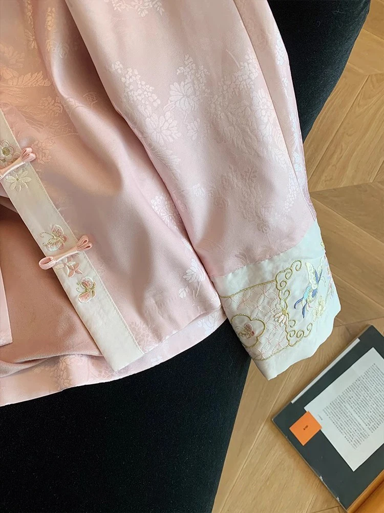 Roze nieuwe Chinese Sle lichtgewicht geborduurd patchwork irt Jaet lente herfst retro high-end veelzijdige button-up top
