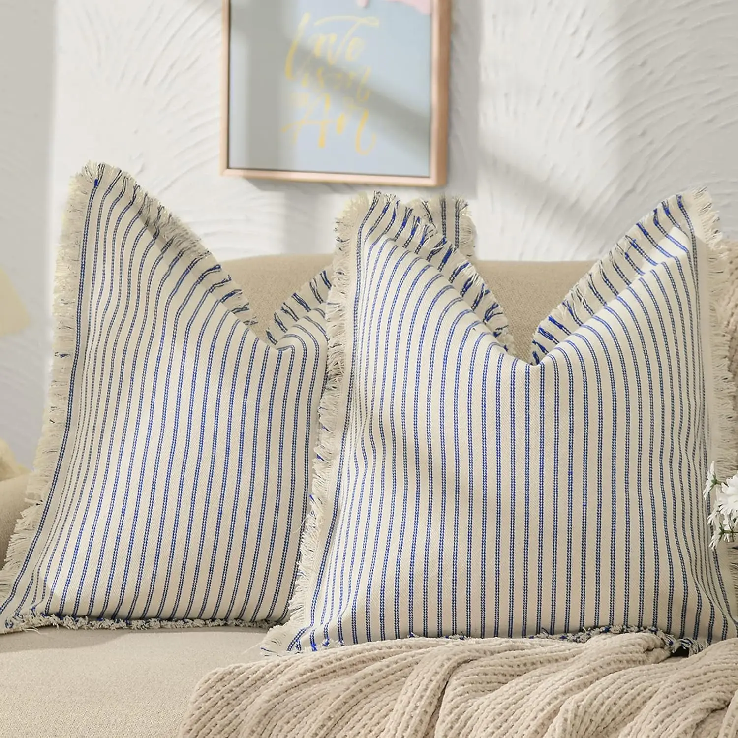 

Throw Pillow Covers 26X26 Set Of 2 Striped Pillow Covers With Fringe Chic Cotton Decorative Pillows Square Cushion Covers For